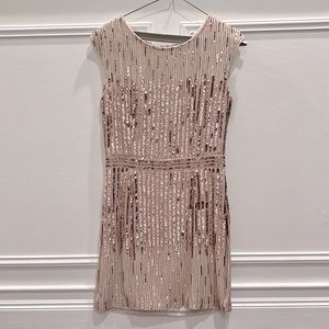 RENZO + KAI size S blush knee length dress with rose gold sequin & bead detail
